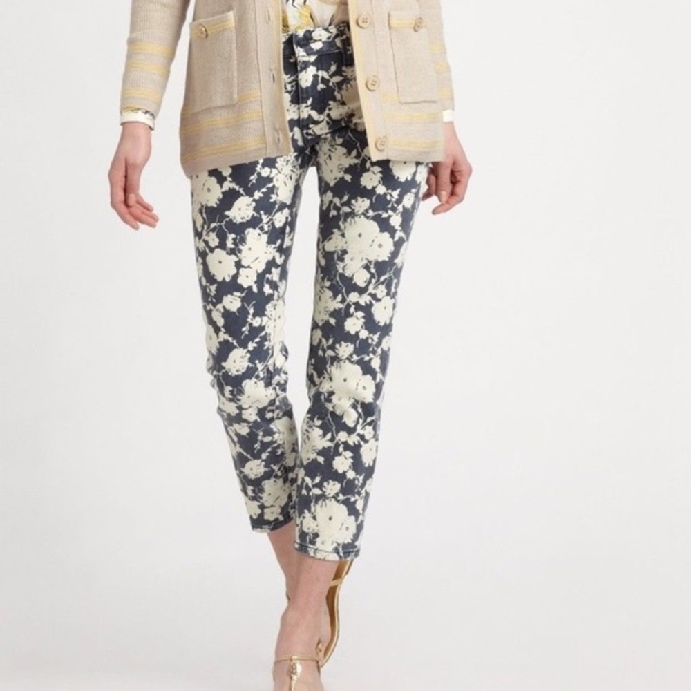 Tory Burch Alexa Cropped Skinny Jeans Sz 25 Navy White Floral